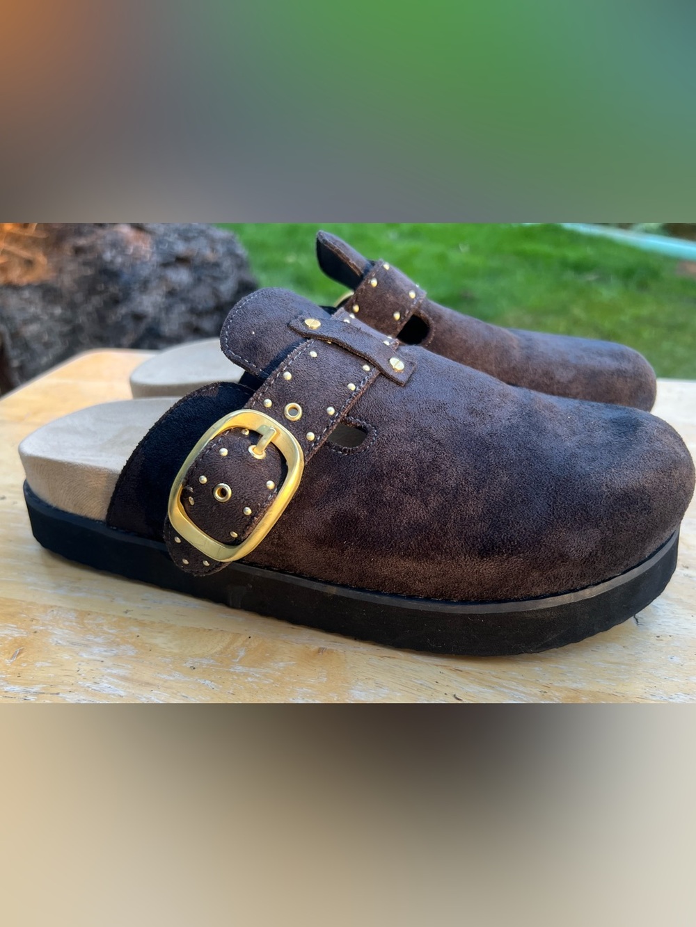 American Eagle Outfitters Brown Suede Buckle Slip-On Clogs size 9
